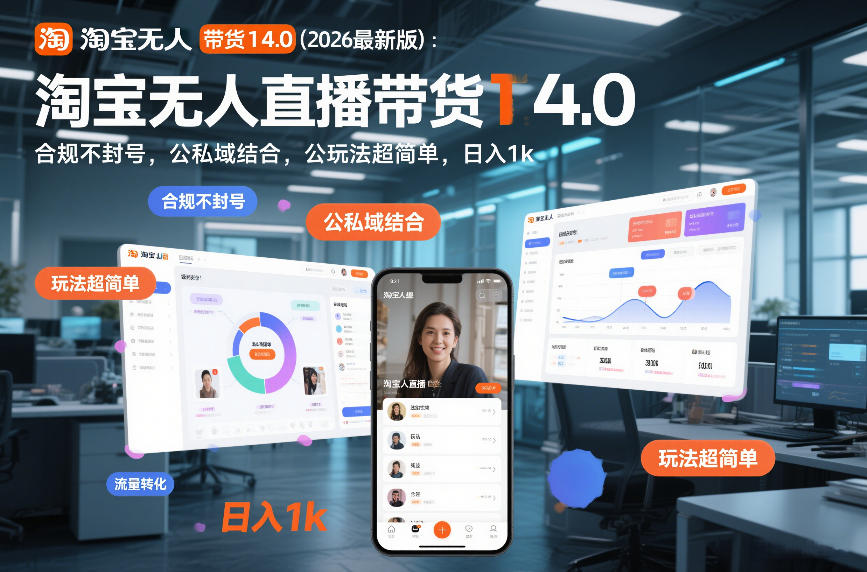 淘宝无人直播带货14.0(2026*新版)：合规不*，公私域结合，玩法超简单，日入1k+【揭秘】
